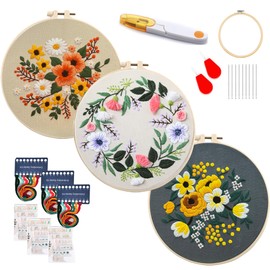 Maydear 3 Sets Embroidery kit for Beginners Adults,Embroidery Kit Punch Needle Kit Cross Stitch Kits with Embroidery Hoop and Instructions,Hand Embroidery Starter Kit (Small Flowers)