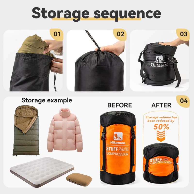 HIKEMAN Compression Sack, 50% More Storage! 12L/19L/32L/46L/53L Compression Stuff Sack,