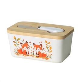 WAIT FLY Fox Ceramic Butter Dish with Bamboo Lid and Knife, 2 Sticks Butter Dish Butter Container Keeper for Kitchen Countertop, Home Decorative-Fox