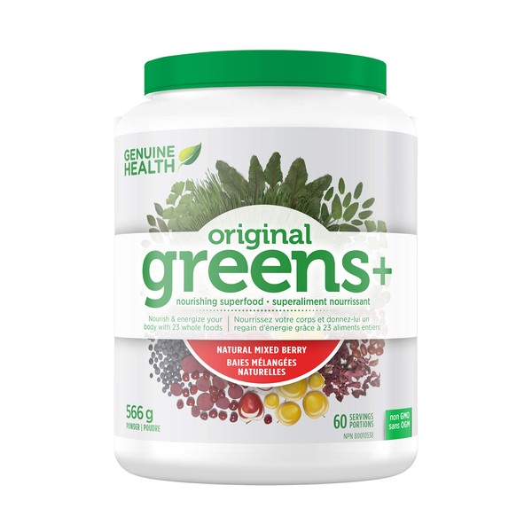Genuine Health Greens+ Original, 60 servings, 566g, Superfoods, antioxidants and polyphenols to nourish and energize your body, Mixed berry flavoured powder, Dairy and gluten-free