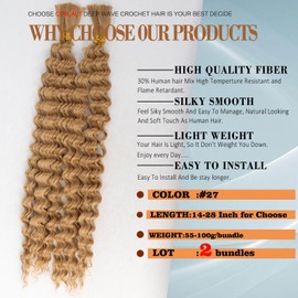 24 inch Light Brown Deep Wave Bulk Braiding Hair Bundles - 30% Human Hair Mixed Fiber Hair Bundles For Human Braiding Hair No Weft Boho Braids Wet and Wavy Hair Extensions