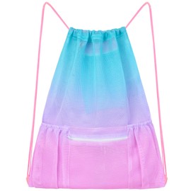 Mochila de malla con cordón, bolsa grande de gimnasio para mujeres y niños, con bolsillo y cierre para playa, yoga, fútbol, fútbol, Rosado, 15*19.7inch, Moda
