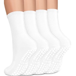 yeuG 4 Pairs Non Slip Pilates Socks with Grips for Women, Grip Crew Socks for Yoga, Barre, Hospital, Barefoot Workout, A04-white*4, Small-Medium