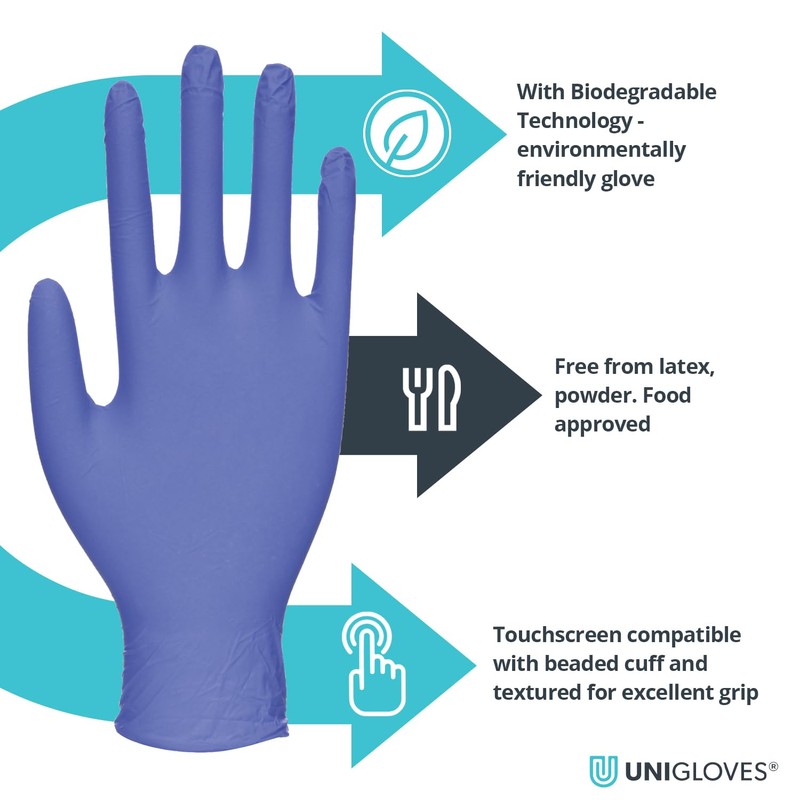 Unigloves BioTouch Nitrile Disposable Gloves - Biodegradable, Multipurpose, Medical Grade