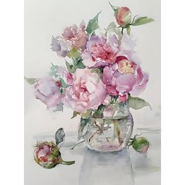 Peonies in Clear Vase in Watercolors - Wall Art – Ink on Matte Stock Paper - Paper 8.5 in x 11 in - Unmatted & Matted Variations (5in x 7in Matted to 8in x 10in)