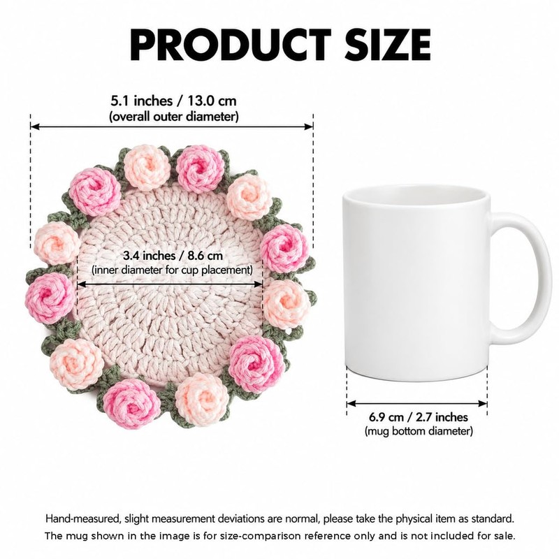 Crochet Pink Rose Floral Coaster 1-Pack - 5.1" Light Pink