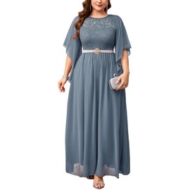 ZOMVA Plus Size Formal Dress Sequin Lace Chiffon A-line Maxi Dress Handkerchief Sleeve Evening Wedding Guest Prom Gown, Gray Blue, with Pearl Belt, 2X