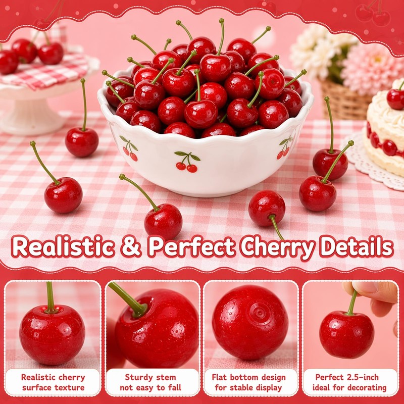 60 Fake Cherries, Red Fake Cherry Artificial Foam Fruit Decor