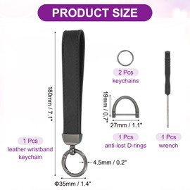 MECCANIXITY Leather Wristlet Keychain Car Key Chain Wristlet for Women, 7 Inch Key Fob Holder with D Ring and 2 Key Ring for Keys Wallets Purse, Black/Black