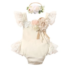 FYMNSI Newborn Baby Girl Lace Romper, Ruffle, Sleeveless Bodysuit, One-Piece Princess Bodysuit with Headband Set, khaki