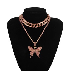 HMOOY Butterfly Cuban Link Necklace Women Hip Hop Choker Necklace Big Butterfly Pendant Necklace Tennis Chain Necklace Fashion Jewellery for Women Girls (Pink)