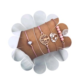 Aneneiceera Simple Tree of Life Bracelet Love Card Hand Chain Boho Pink Beads Gold Bracelets Hand Chain Set Jewellery Gifts for Women Teenage Girls 5-Piece Set, Metal
