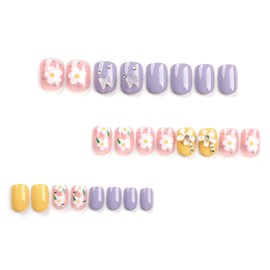 LPOODDNU Short Press on Nails Square Shape Fake Nails Cute Small Flower Acrylic Nails Press ons Glossy Purple Yellow False Nails Cute 3D Butterfly Camellia Stick on Nails Short for Women 24Pcs