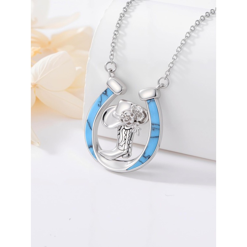 HPQQ Horseshoe Necklace 925 Sterling Silver Turquoise Cowgirl Necklaces Western