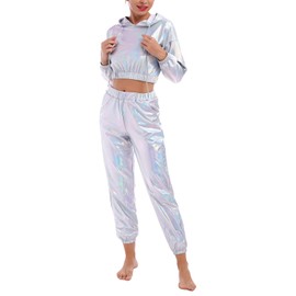 Odizli Women's Jogging Suit Set Long Sleeve Hooded Glitter Metallic Crop Top + Jogging Bottoms 2-Piece Tracksuit, Laser silver