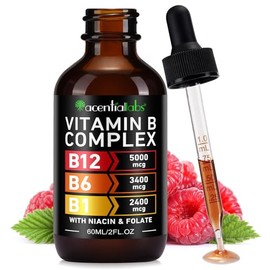 Vitamin B12 Liquid Drops with B12 5000mcg, B6, B1, Niacin & Folate | Raspberry Flavour Sublingual Vitamin B Complex Drops | Vegan, Non-GMO, Gluten Free | Energy & Nervous System Support | 60ml