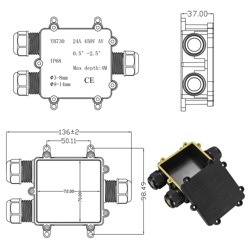 Newoutset IP68 Waterproof Junction Box, 3-Way Cable Connector, External Distribution