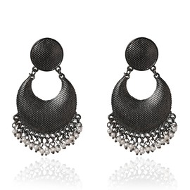 Moonstruck Oxidized Silver Pearl Chandbali Earrings for Women, Lightweight Antique Alloy Dangle Jewelry, Bollywood-Inspired Boho Ethnic Earrings for Festival, Wedding & Party