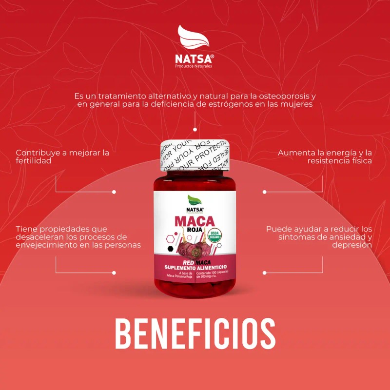 Maca Roja Peruana Red 100 Cápsulas Fertilidad Energía Antioxidante Antidepresivo
