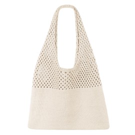 SUOSDEY Crocheted Mesh Beach Tote Bag, Summer Holiday Aesthetic Knitted Boho Shoulder Bag for Women, beige