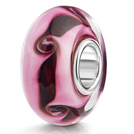 MATERIA by Matthias Wagner Glass Bead Swirl Pink Red Glitter - Charm Pendant Waves for Bracelet with Silver Sleeve 482, Glass, Crystal
