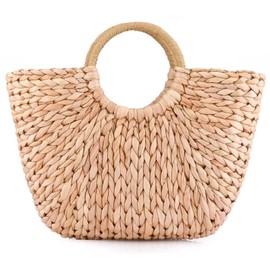 Summer Rattan Bag for Women Straw Hand-woven Top-handle Handbag Beach Sea Straw Rattan Tote Clutch Bags (Khaki)