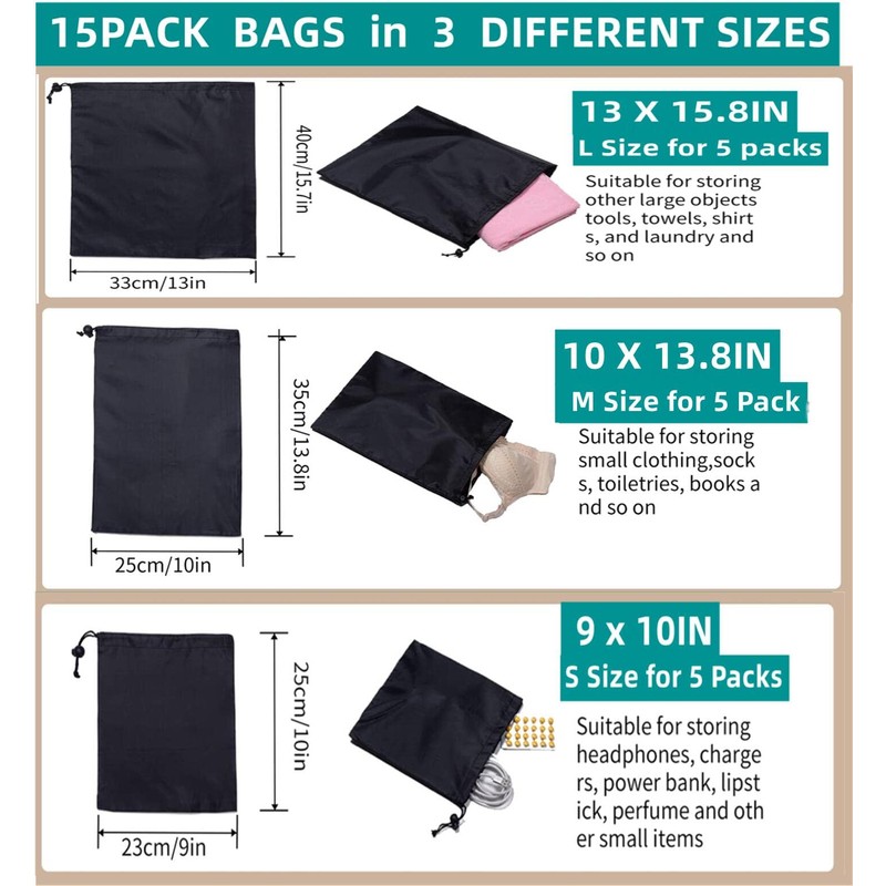 Drawstring Bag String Bag - 15Packs 3Sizes Nylon Cinch Ditty