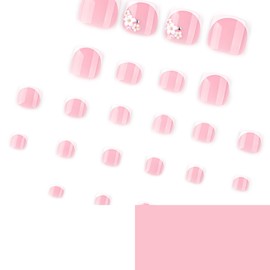 24 Pcs Pink Press On Toenails for Women MINGCHUN Summer Toe Nails Press Ons Toe Nail Tip with Tool Fake Nails Full Cover False Toenails with Rhinestone Flower Charms White French Design for Women