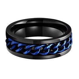 LUXUBANDS 8mm Black Tungsten Spinner Fidget Rings for Men Women Couple Anxiety Released Fashion Jewelry Engagement Wedding Bands Blue Stainless Steel Chain Inlay Polished Shiny Comfort Fit Size 13