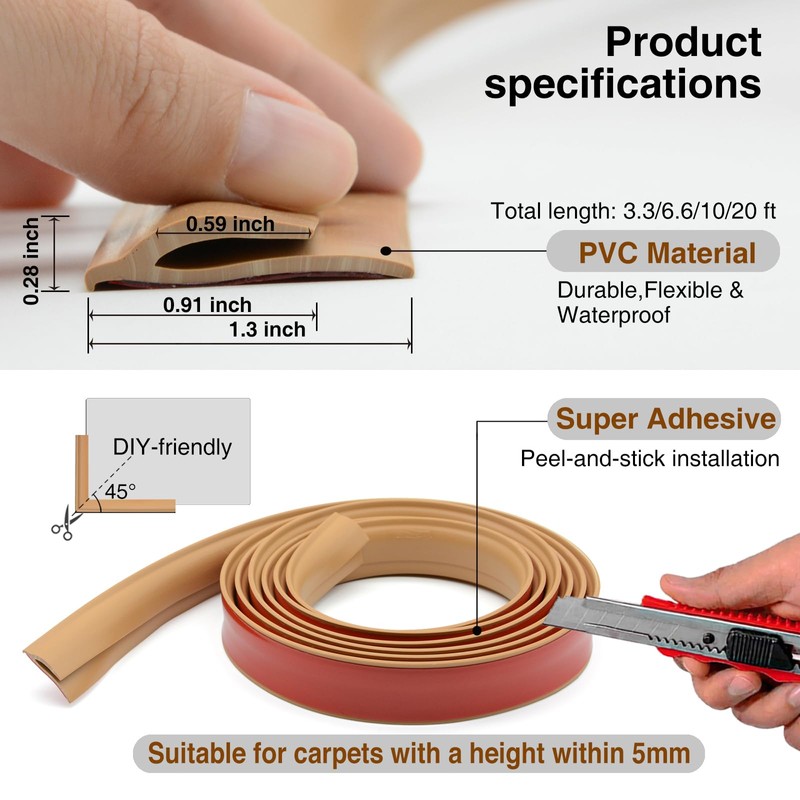 Flexible PVC Carpet Edge Trim Strip, Self Adhesive, Cuttable Carpet