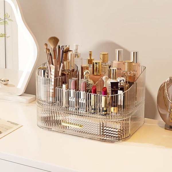 STORICANS 360° Rotating Makeup Organizer with Drawer, Clear Acrylic Cosmetic