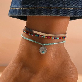 JUSTUSNX 3pcs Boho Layered Layered Adjustable Anklet Shell Pendant Ankle Bracelet Beach Summer Foot Jewelry Chain for Women and Girls