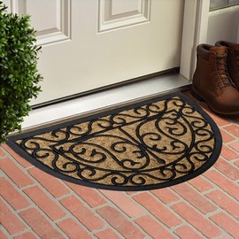 Arabesque Half Circle Door Mat 24x16 Inch – Black Rubber Scrollwork with Natural Coir – Non-Slip Entry Rug for Indoor/Outdoor Use – Heavy Duty, Easy to Clean, Decorative Welcome Mat