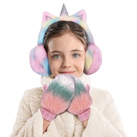 Gifts Treat Girls Unicorn Earmuffs Kids Mittens Knitted Plush Gloves Sequins Earmuffs for Toddlers Girls(Pink,3-6Years)
