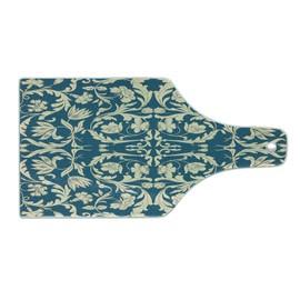 Ambesonne Chinese Cutting Board, Far Eastern Scroll Pattern with Floral Curls Oriental Flourish, Decorative Tempered Glass Cutting and Serving Board, Wine Bottle Shape, Petrol Blue and Cream