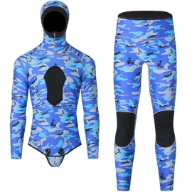 NVKIC Mens Wetsuit 3mm Neoprene Stretch Camouflage Printing Snorkeling 2-Pieces Hooded Diving Suits Blue Color M