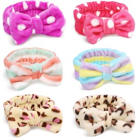 Makeup Headband, 6 Pcs Microfiber Soft Fuzzy Spa Headband for Washing Face, Cosmetic Facial Shower Head Wraps, Cute Colorful Bow Hair Band for Women and Girls (Color A, One size)