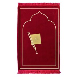 Tekbir Muslim Prayer Rug with Beads - Soft Mihrab Style Velvet Islamic Janamaz - Portable Mat Carpet for Muslims - Enhance Sajadah Mat (Red)