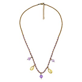 AeraVida Beach Bohemian Cowrie Shell Amethyst Dangle Stone and Brass Beads Boho Necklace