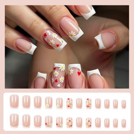 Medium Square Press on Nails White French Tip Fake Nails with Yellow Daisy Flower Pattern Design Artificial Full Cover False Nails Acrylic Glossy Glue on Nails Stick on Nails for Women 24Pcs