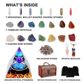 29PCS Healing Crystals Set, Crystals and Gemstones Set 7raw Chakra and 7tumbled Stones, 7bullet Shaped Chakra Stones, 2crystal Necklace, Crystal Pyramid, Crystal Sets for Meditation, Yoga, Gift