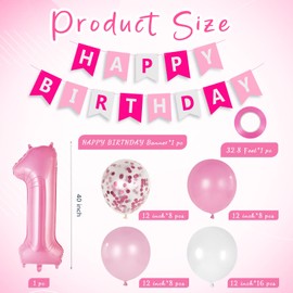 Pink Baby 1st Birthday Decoration, Happy Birthday Banner with 40 Inch Foil Number 1 Balloons, Pink White Confetti Latex Balloons for Baby Girl Boy 1 Year Old Birthday Party Supplies (Pink)