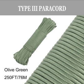 FISHLUND Paracord 550 lb, 7 Strand Type III Paracord Rope 250ft 4mm, High Strength Nylon Parachute Cord for Camping, Survival, Tactical and Hiking, Olive Green