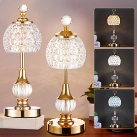 IMQSQIK Crystal Cordless Table Lamp LED Touch Lamp, Built-in 5200 mAh Battery, Wireless USB Charging - Adjustable Light 3 Colors Light Source - Suitable,Bar,Restaurant,Room,Living Room,Outdoor-2Pack