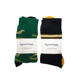 Beyond Happy 2 Pairs South Africa Rugby Springboks Supporters' Socks - Unisex, Cotton Rich Bokke ZA Rugby Fans Socks -Two Pair Set