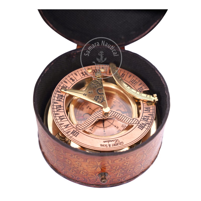 Antique Brass & Copper Sundial Compass, Sundial Clock in Box