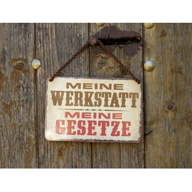 My Workshop My Laws Hanging Sign - Funny Metal Sign with Cord and Suction Cup - Funny Retro Decorative Sign - Decoration Craft Cellar Hobby Room - Gift Idea for Dad Grandpa - 18 x 12 cm