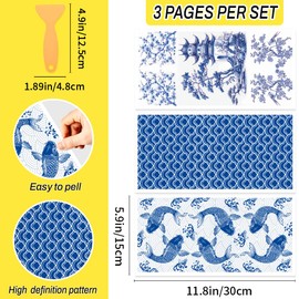 WEBEEDY 3 Pcs Chinoiserie Decoupage Furniture Transfer Stickers Vintage Chinese Blue and White Wall Decor,5.9x11.8Inch Wall Murals Peel and Stick Wallpaper with Scraper,Window Wall Art for Home Decor