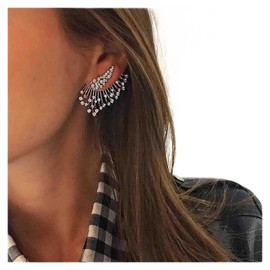 Cimenexe Punk Crystal Wings Ear Jacket Earrings Crystal Climber Stud Earrings Silver Rhinestone Wing Earrings Angel Wings Stud Earrings Front Back Two Way Earrings Jewellery for Women