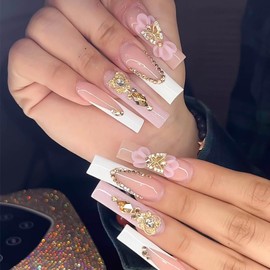 RUOKEXIN Long Square Press on Nails White French Tip Fake Nails Sparkly False Nails with 3D Gold Butterfly Designs Full Cover Glue on Nails Glossy Artificial Nails Cute Stick on Nails for Women 24Pcs